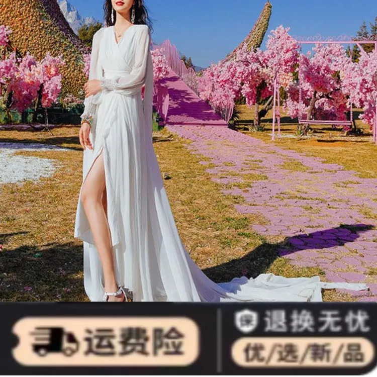 超仙时尚旅游拍照三亚青海湖沙滩裙海边度假超长拖尾露背大摆长裙