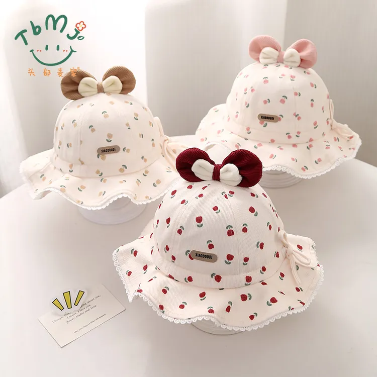 婴儿帽子春秋季花朵蝴蝶结女童渔夫帽冬天可调节防风遮阳宝宝盆帽