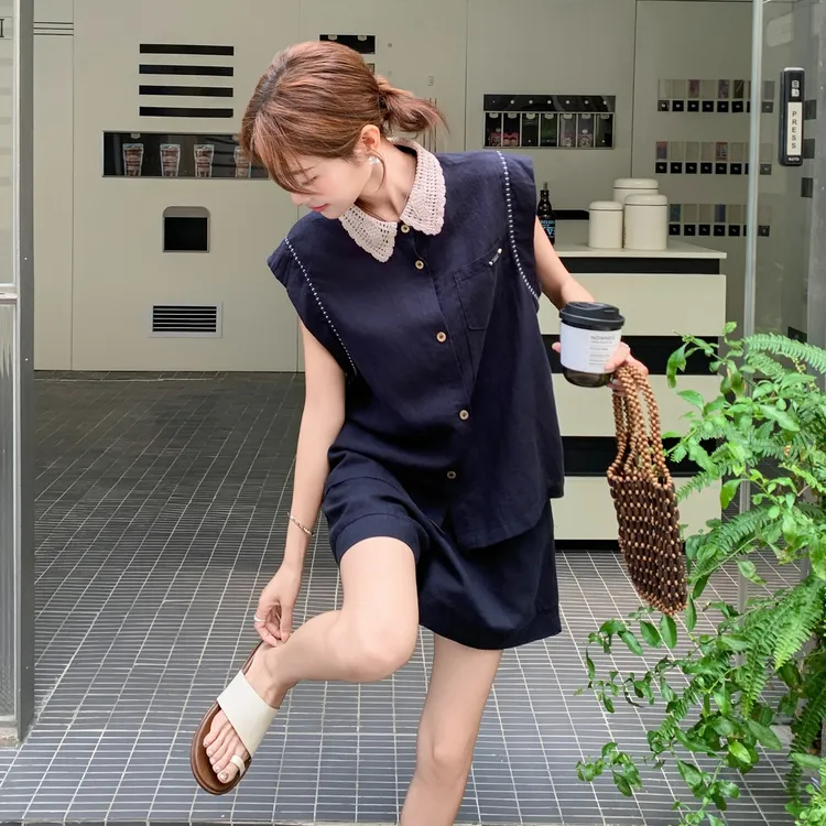 藏青色减龄拼色轻薄短袖衬衫套装女夏季2025新款小个子短裤两件套