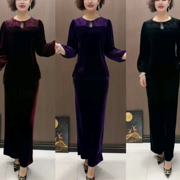 时尚水滴圆领烧花镂空中老年长袖丝绒套装(上衣十裤子)