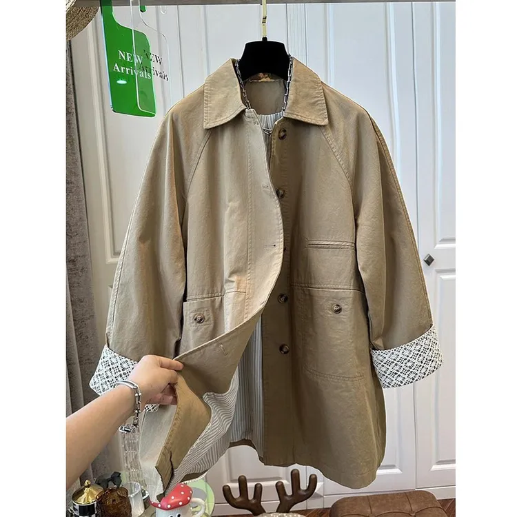 春秋中长款袖口蕾丝拼接翻领风衣外套女大码小众上衣百搭气质时尚