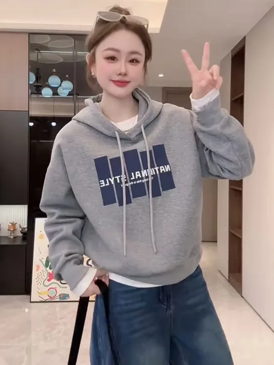 美式字母印花连帽卫衣女2025秋季新款宽松显瘦抽绳小个子百搭上衣