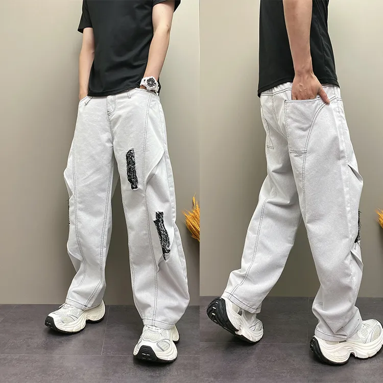 2025年夏季潮流韩版痞帅宽松哈伦直筒阔腿裤青年男士补丁牛仔长裤