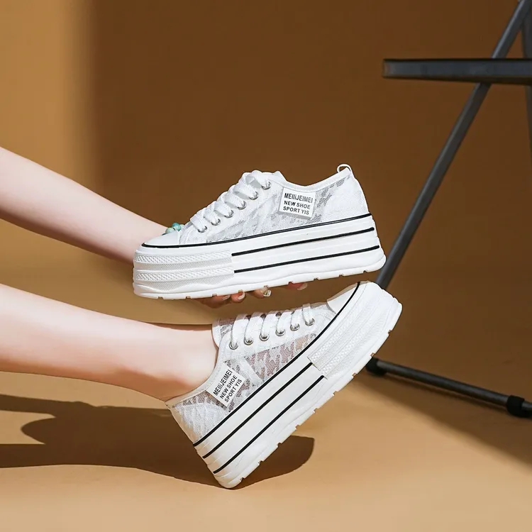 夏季厚底增高5CM小白鞋女网纱蕾丝网面鞋子透气女款2025新款女鞋