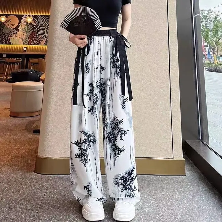 新国风冰丝雪纺阔腿裤女夏季水墨画休闲裤飘带垂感长裤高腰直筒裤