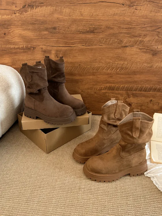 百搭女套筒厚底法式短靴时尚单靴秋季秋冬圆头瘦瘦靴