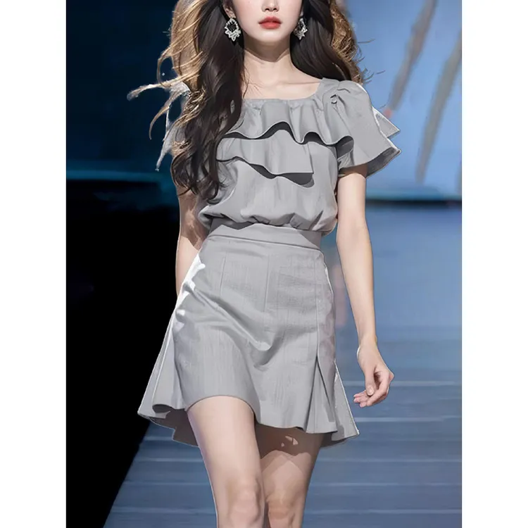 气质小香风套装女2025新款小个子荷叶边衬衫上衣半身短裙子两件套