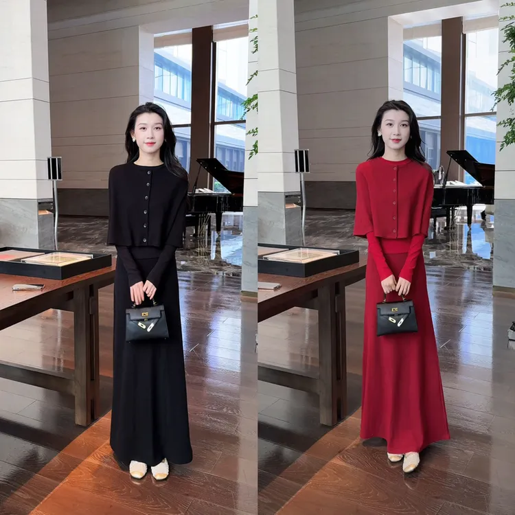 高端精致纸片人气质斗篷上衣打底两件套+半身裙三件套