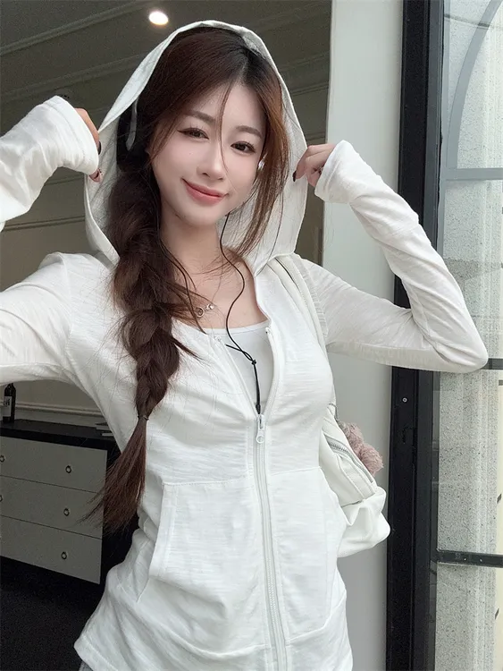 韩系薄款v领连帽拉链款冰丝防晒开衫外套t恤女夏季口袋设计感上衣