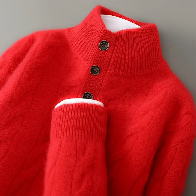 FIDONKICEN/费达基卡秋冬男士纯羊毛半高领新年红纽扣休闲打底衫