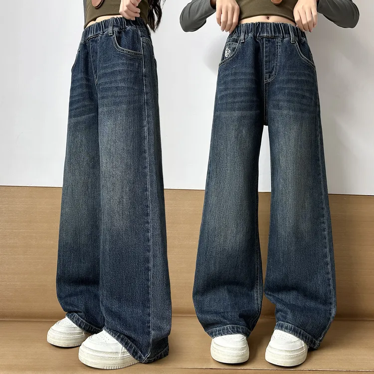 女童秋季立体玫瑰花苞直筒牛仔裤2025女大童新款时尚休闲裤女孩潮