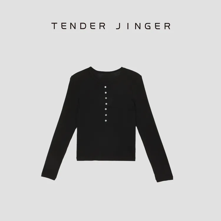 Tender Jinger一排扣天丝羊毛混纺长袖T恤T53JLL41417