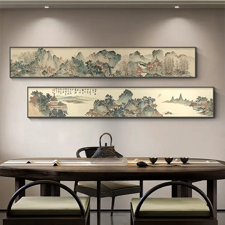 山水画茶室挂画新中式客厅双联装饰画禅意书房壁画横幅背景墙字画