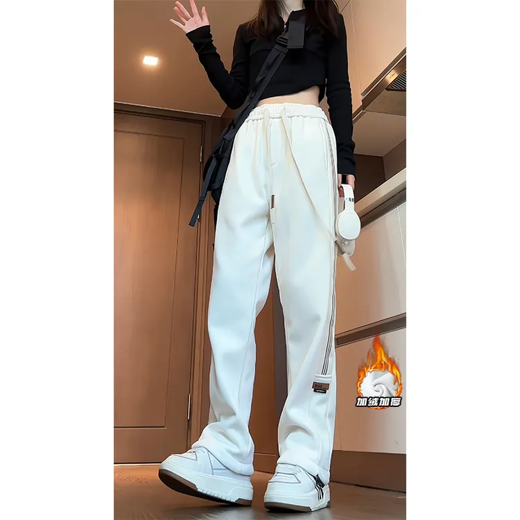 冬季加绒加厚休闲卫裤男潮牌菠萝格编织阔腿运动裤宽松大码长裤