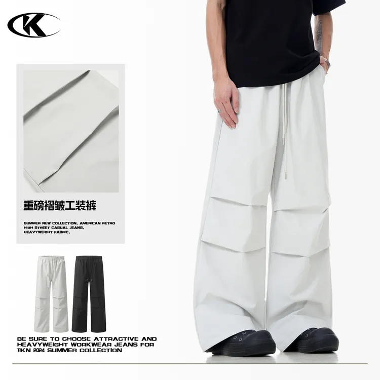 美式抽绳伞兵休闲裤男女简约潮显瘦垂感打褶直筒立中腰直筒裤