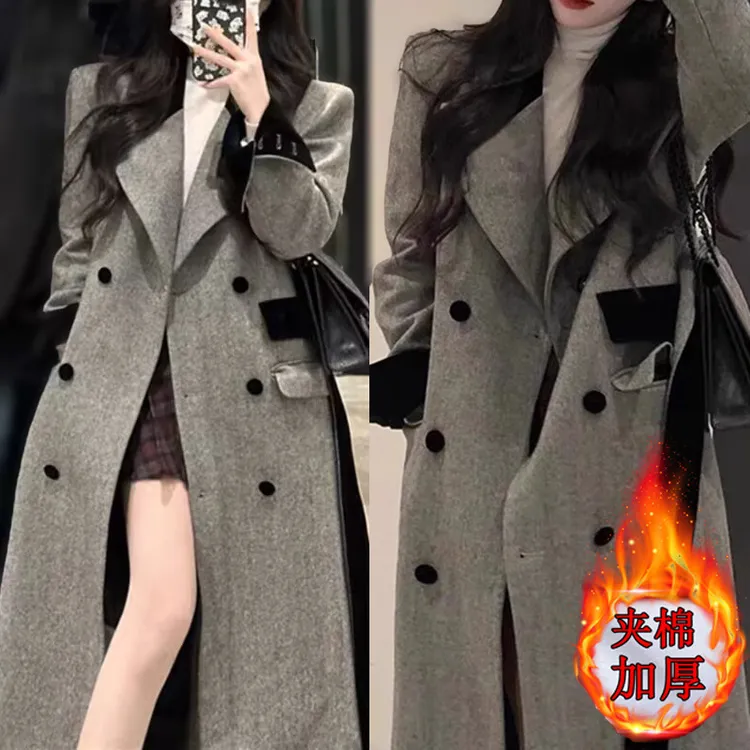 连帽夹棉灰色高级韩系毛呢大衣女冬季加厚小个子长款新款赫本外套