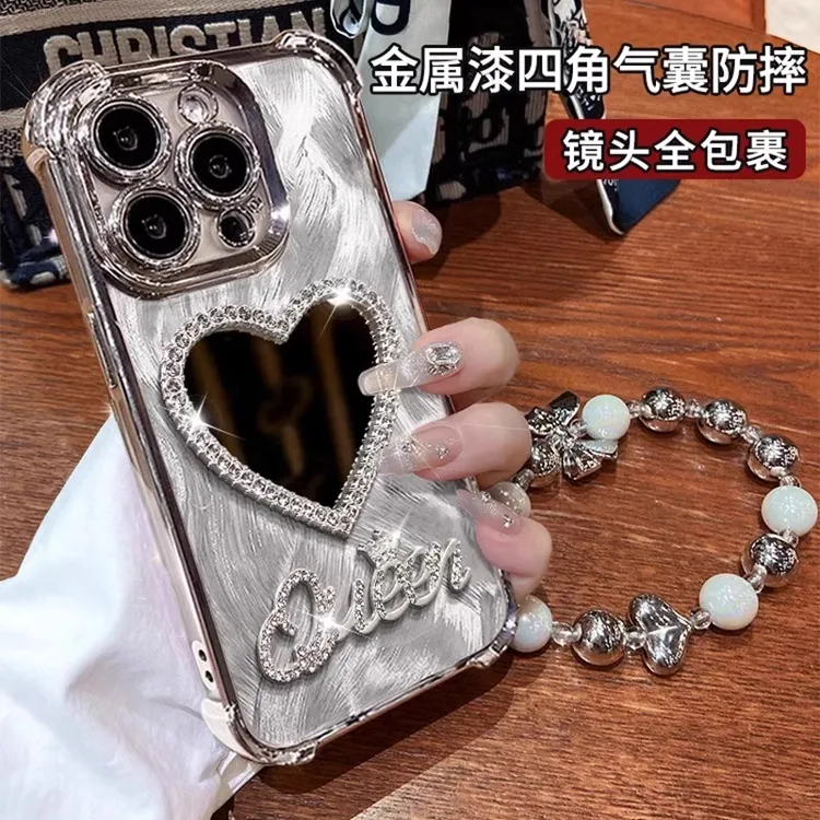 爱心补妆镜适用iphone16promax手机壳轻奢网红高级感苹果15pro女