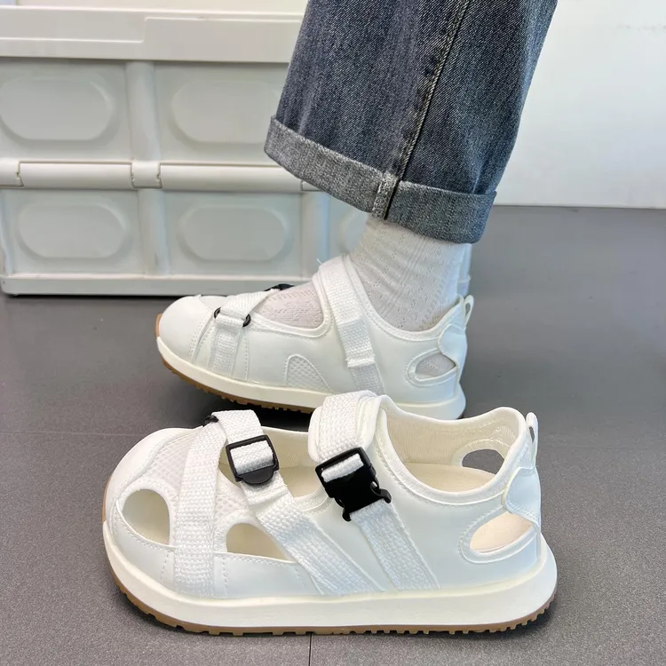 丑萌厚底包头罗马凉鞋女夏季镂空白色运动凉鞋休闲户外登山鞋