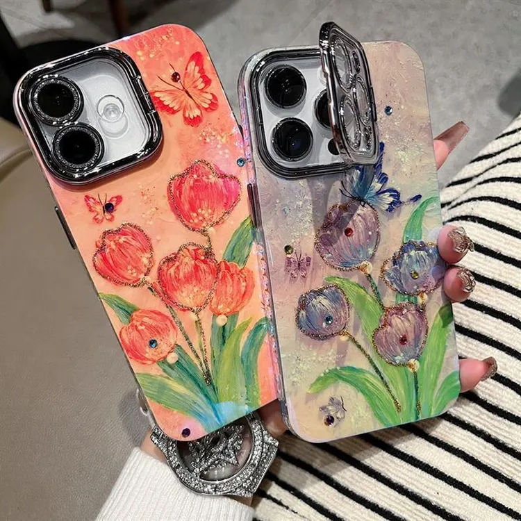 适用苹果系列iPhone16新款手机壳紫郁金香银灰闪粉镜头支架保护套