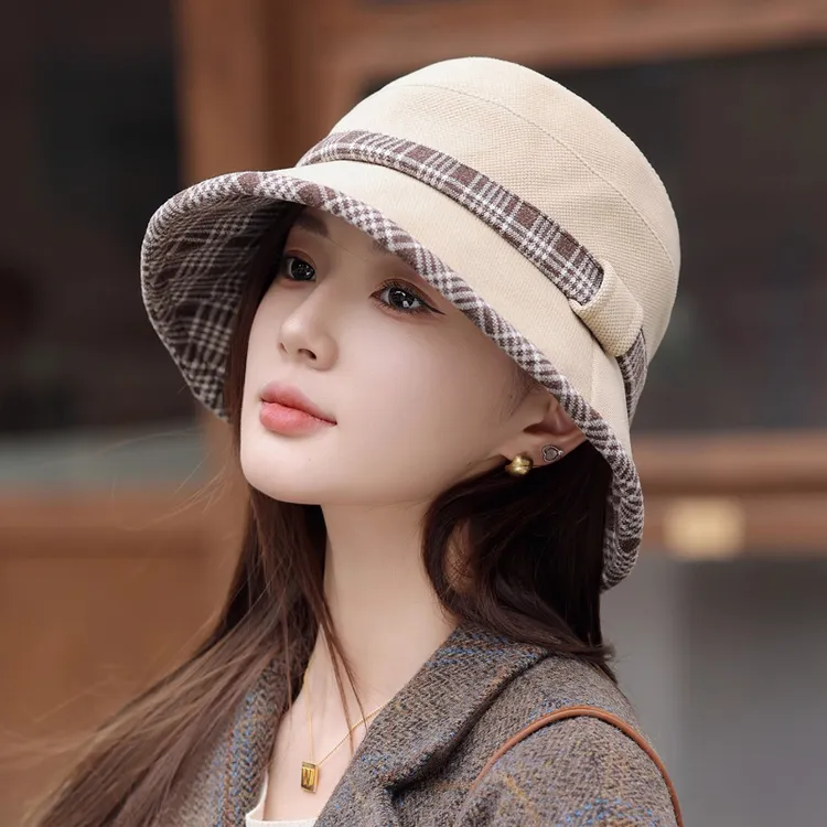 时尚优雅渔夫帽子女2025秋冬季新款百搭气质显脸小文艺格纹盆帽潮