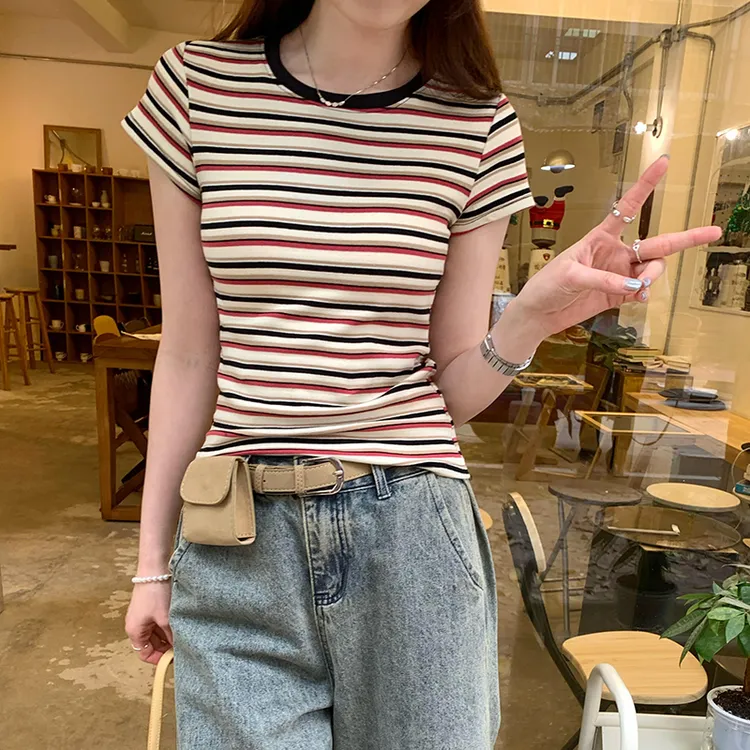 条纹短袖t恤女夏季修身显瘦美式复古撞色设计感小众独特别致上衣
