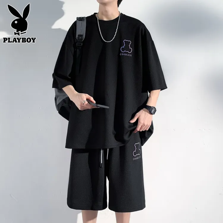 花花公子华夫格休闲运动套装男士夏季潮流宽松小熊短袖短裤两件套