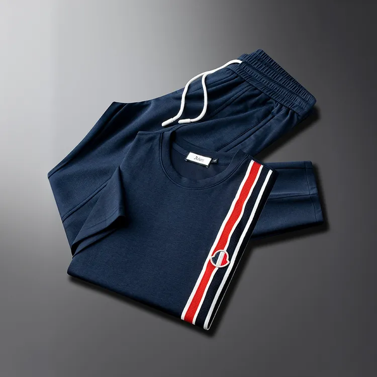 肯梅灵列时尚感蓝色休闲运动套装男新款夏季修身柔软两件套潮