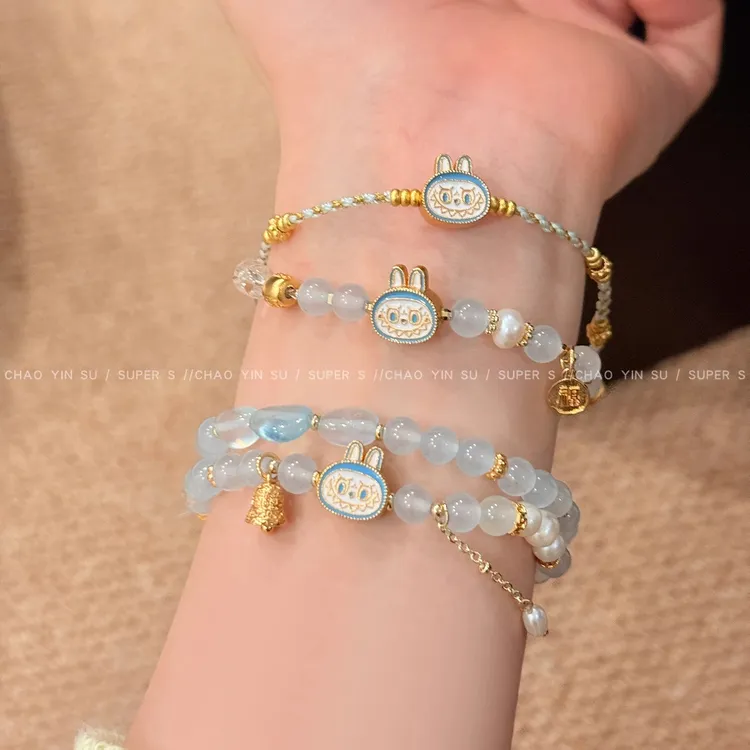 铜合金手链 海蓝色labubu串珠手链女2025新款童趣手串高颜值手饰 