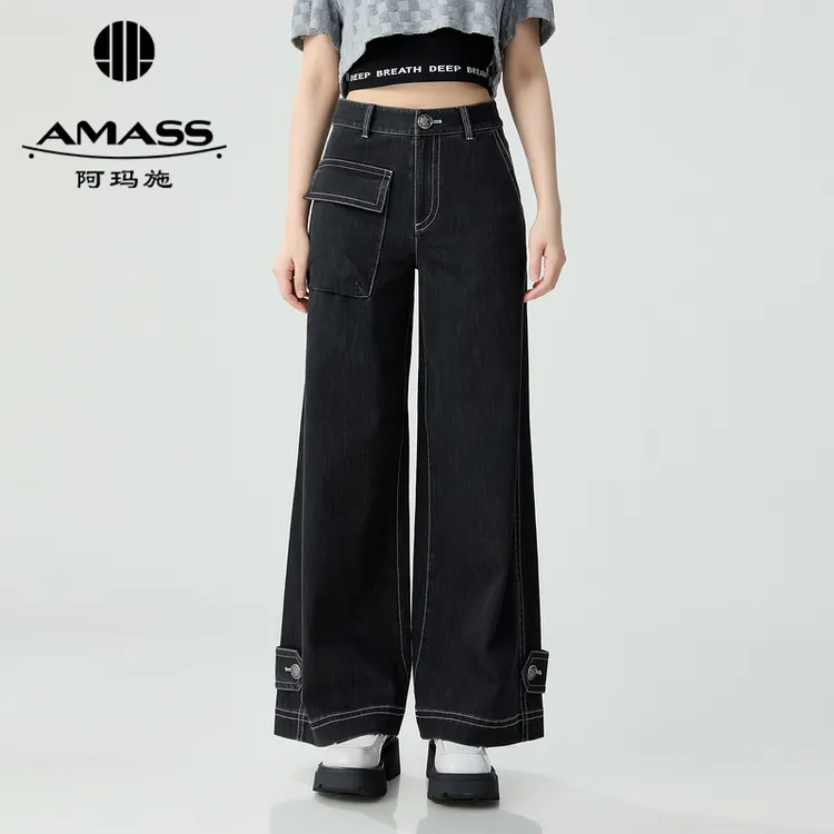 阿玛施AMASS 高街时尚复古休闲工装口袋刀裤宽腿牛仔长裤5100497