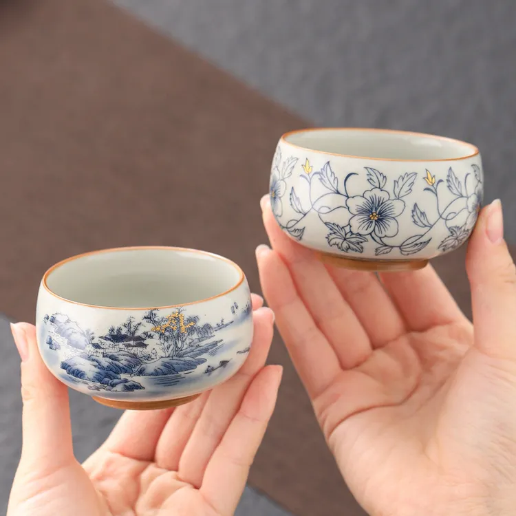 复古米黄大号汝窑茶杯主人杯陶瓷开片蝉翼茶杯陶瓷功夫茶具单杯