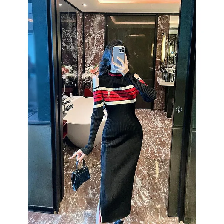 韩国优雅法式露肩小香风针织连衣裙女秋条纹显瘦修身开叉包臀长裙