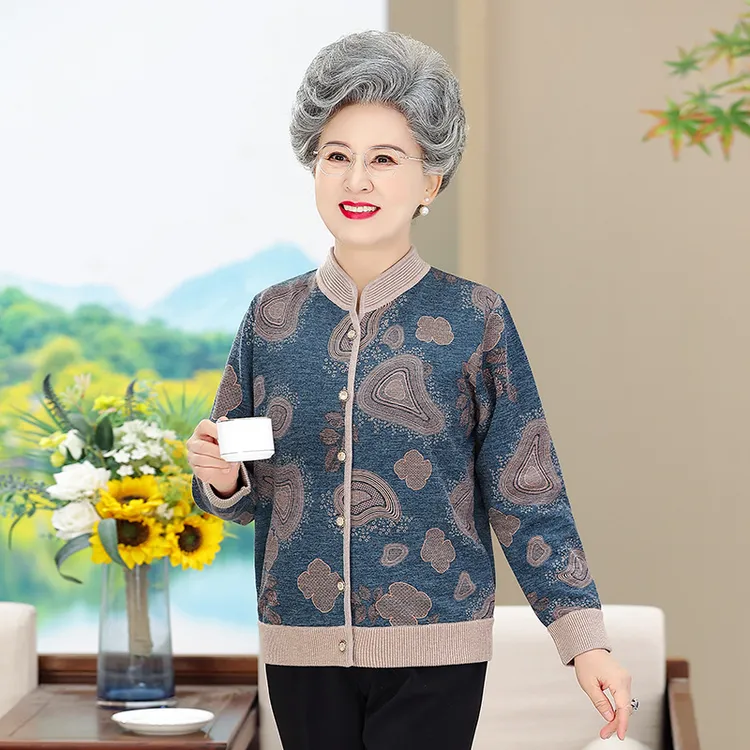 老年春装人女妈妈外套上衣春秋老人圆领奶奶开衫针织洋气宽松衣服