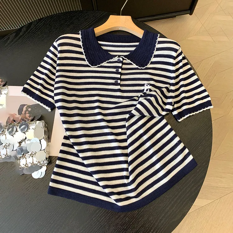 韩版条纹翻领短袖T恤女2025夏季新款宽松休闲遮肚子体恤衫上衣潮