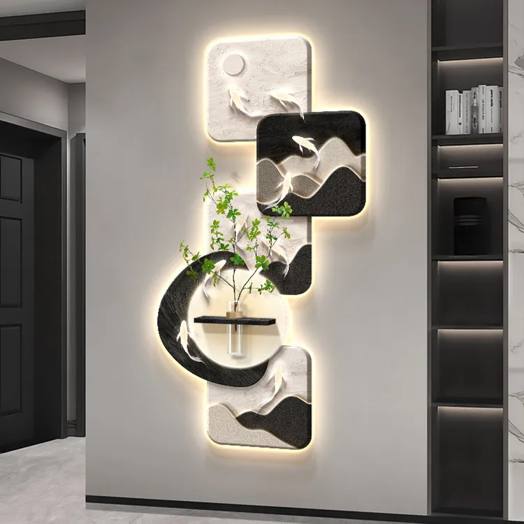 2025高级感玄关九鱼图装饰画走廊过道带灯挂画正对门入户轻奢壁画