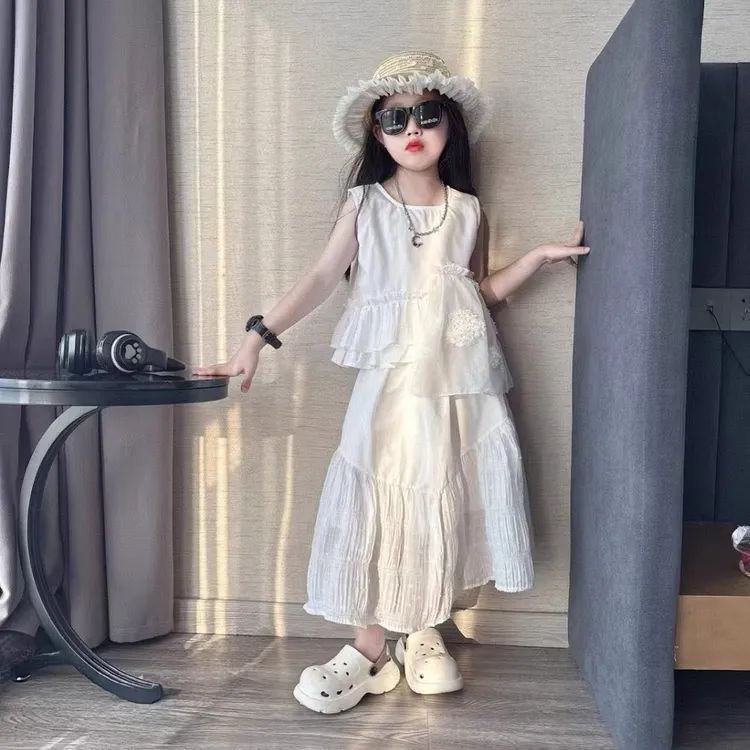 女童夏装无袖连衣裙2025新款女大童夏季韩系背心裙儿童高级感套裙
