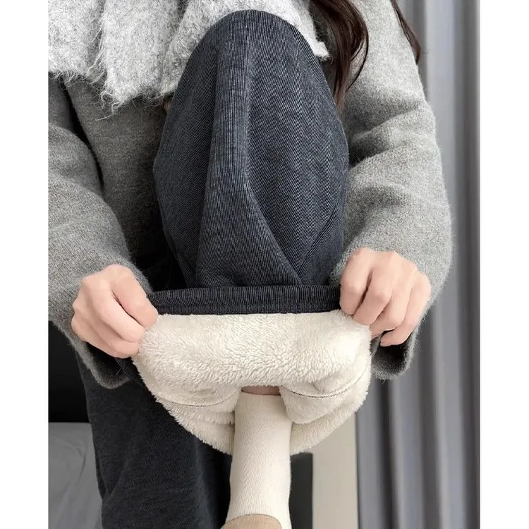 胖mm大码300斤羊羔绒糯米阔腿裤女秋冬加绒保暖显瘦加厚休闲裤子2