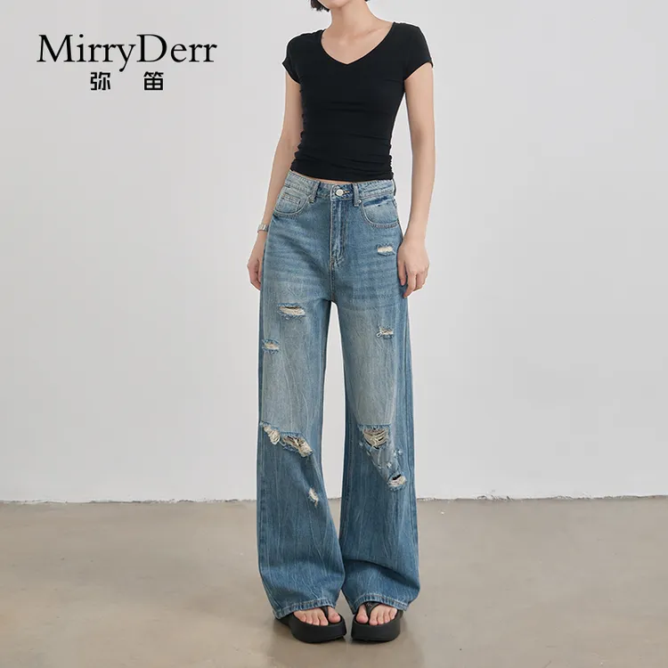 MirryDerr/弥笛美式破洞阔腿牛仔裤女2025夏季新款垂感直筒拖地裤