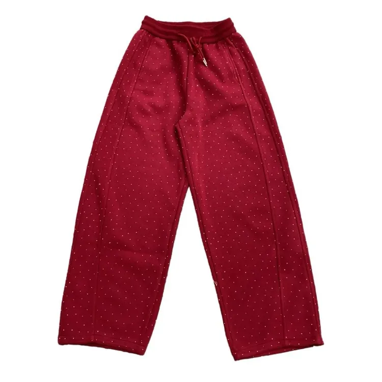 LM855新款重工烫钻高腰显瘦百搭休闲弯刀脚口抽绳灯笼女裤