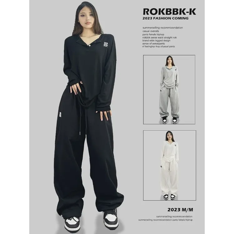ROKBBK－K/布韩爵士嘻哈运动裤女刺绣宽松直筒跳舞hiphop长裤休闲