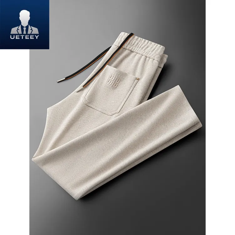 秋冬高端时尚斜纹羊毛呢休闲裤加厚保暖男士修身直筒运动卫裤男款