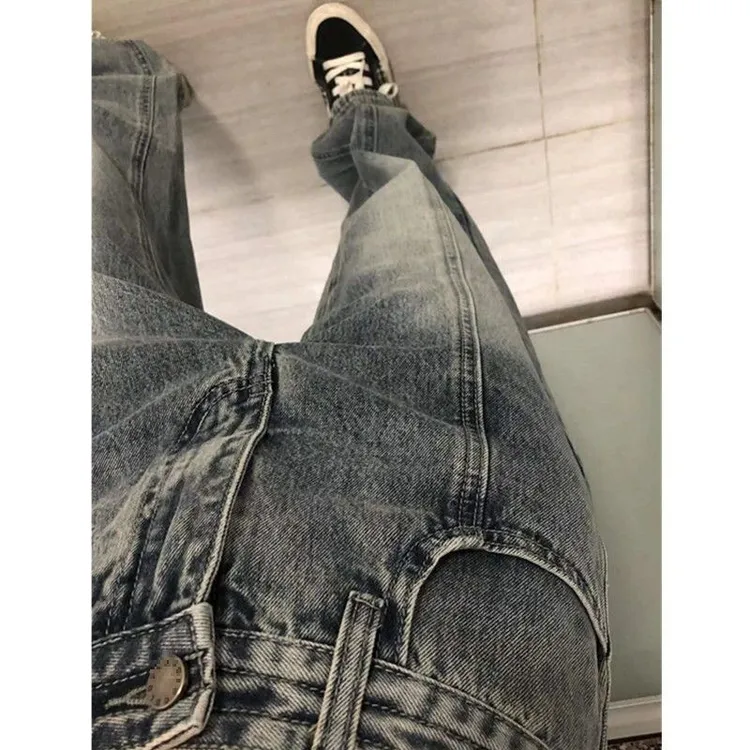 美式复古设计感双压线水洗马骝袋口刺绣女直筒阔腿牛仔裤