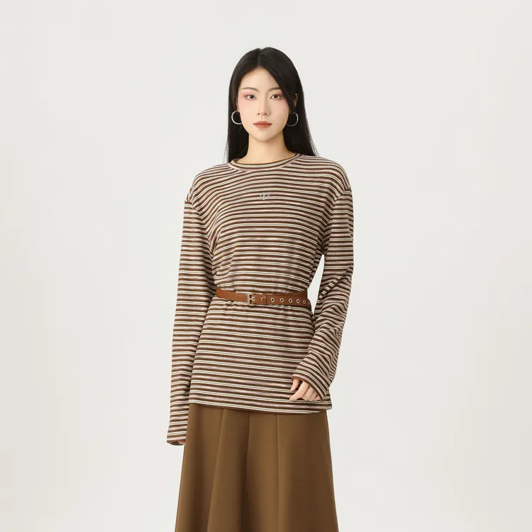 哥弟女装春秋款条纹时尚休闲百搭气质高级爆款长袖圆领T恤1300866