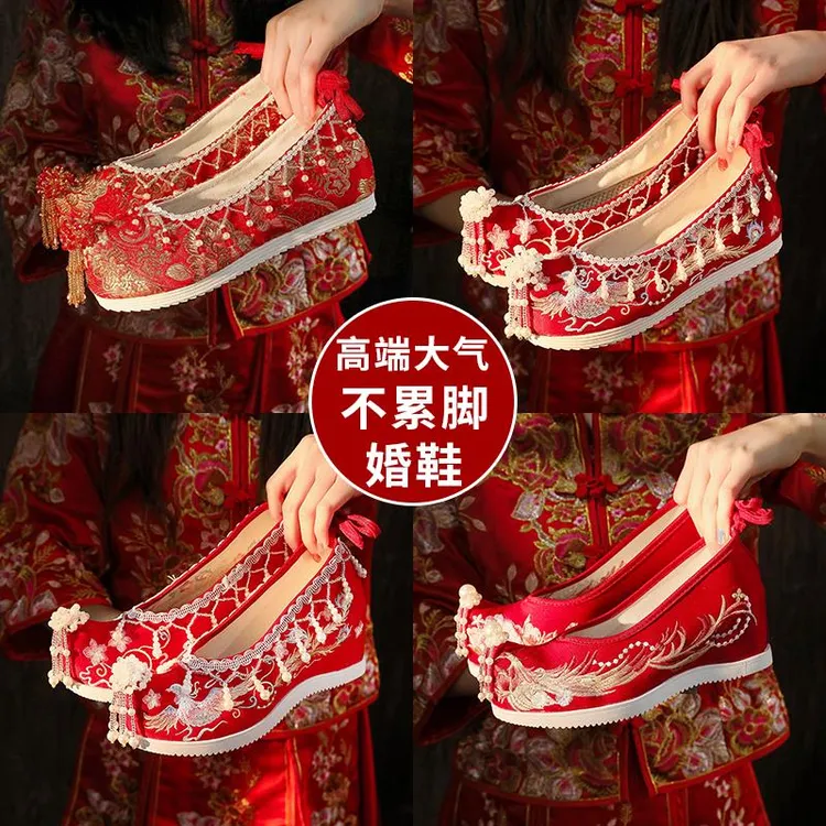 新娘秀禾复古婚鞋女款春夏新款古风绣花鞋红色中式内增高汉服鞋子
