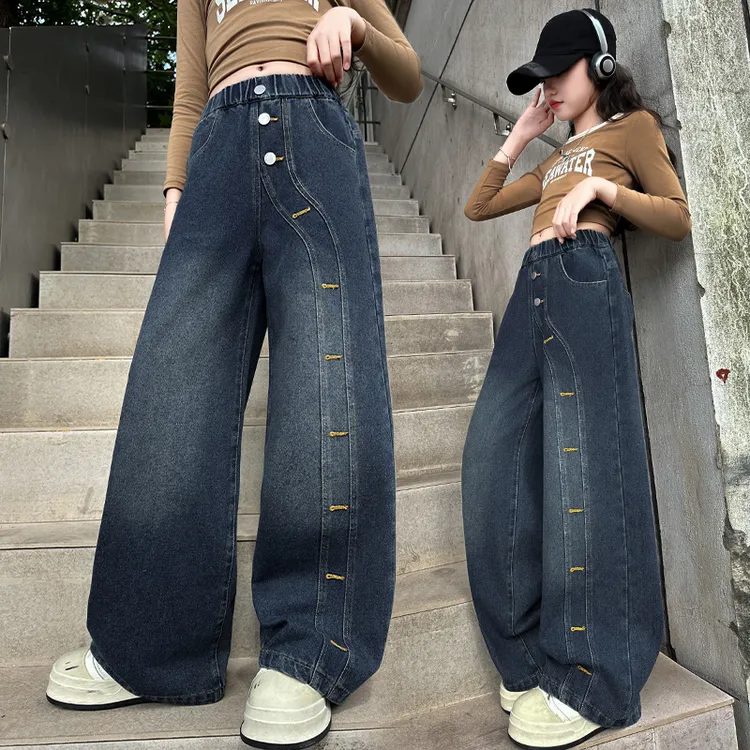 女童春秋款牛仔裤中大童韩版宽松阔腿裤儿童秋季百搭洋气直筒长裤