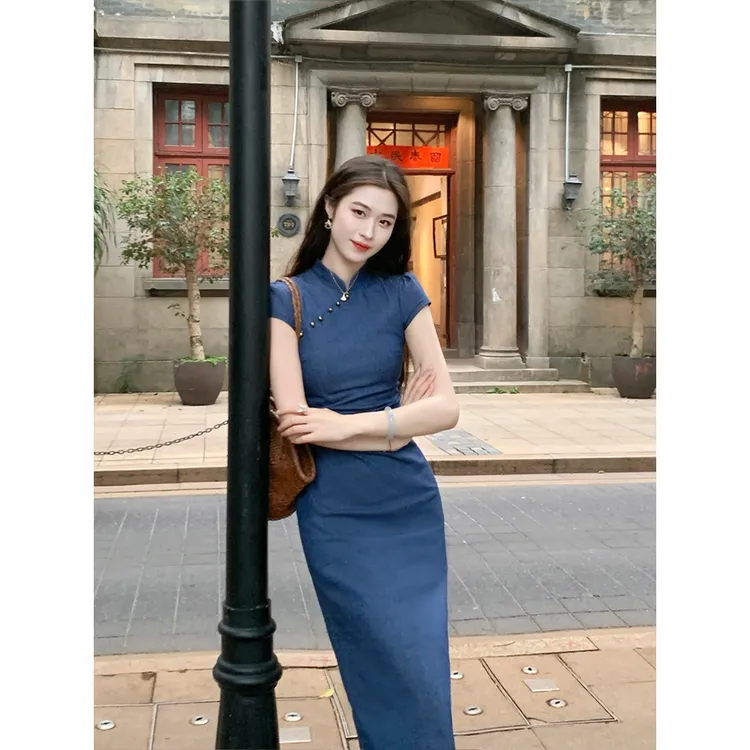 凌茜新中式气质洗水牛仔改良旗袍连衣裙女夏季收腰显瘦中长裙子