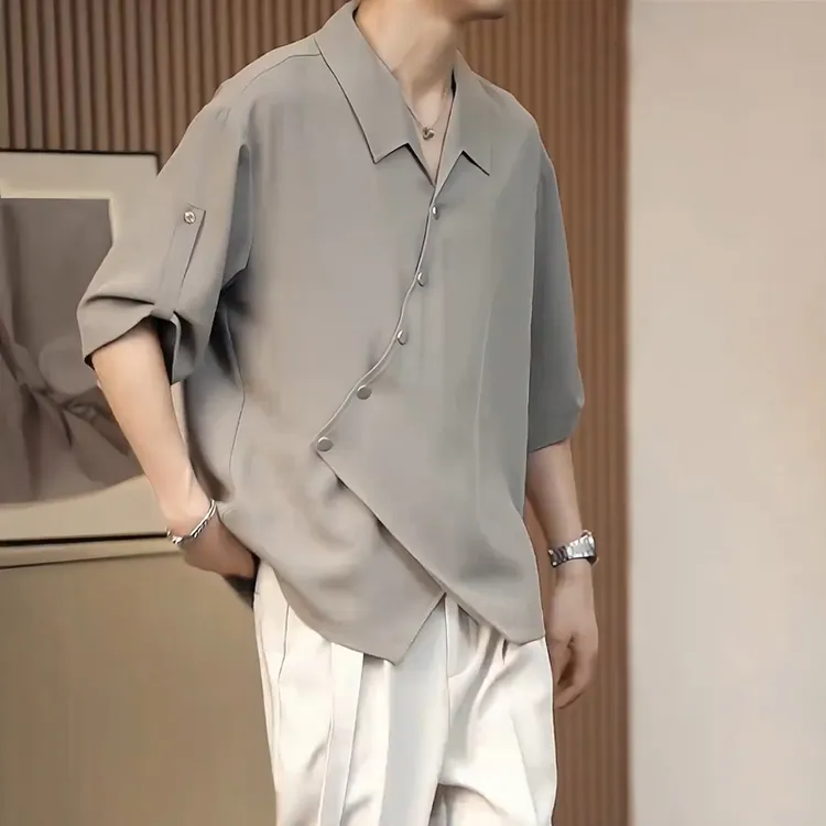 莱蒙璀高级垂感新中式短袖衬衫宽松男士夏季冰丝半袖痞帅休闲衬衣