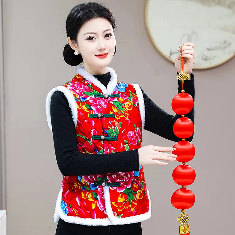 秋冬东北大花马甲中国风棉袄民族风盘扣女装加绒加厚保暖过年坎肩