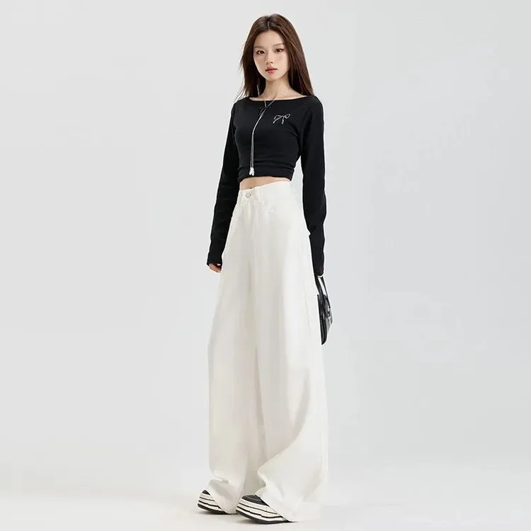 白色阔腿牛仔裤女2025秋季新款宽松显瘦高腰垂感休闲直筒拖地裤子