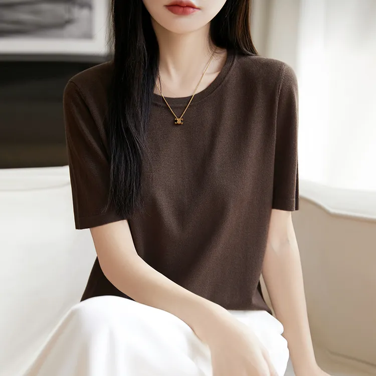 秋冬薄款针织短袖女士圆领打底显瘦短款上衣纯色百搭休闲羊毛衫