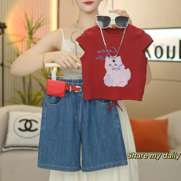 2025新款夏季可爱猫咪短袖中裤儿童时尚百搭休闲两件套
